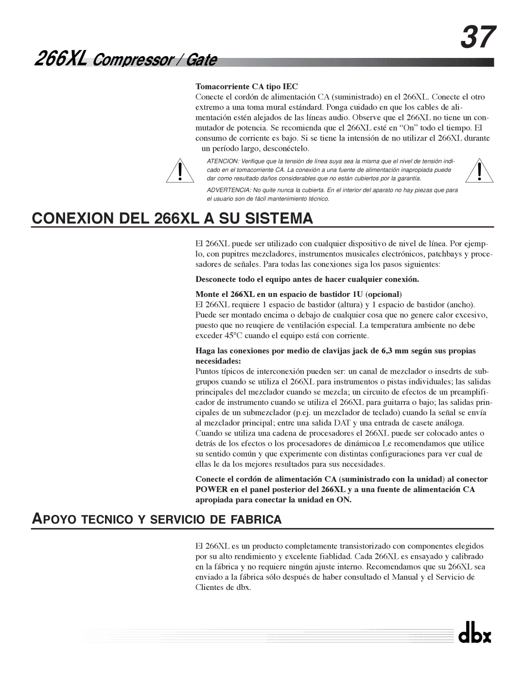 dbx Pro 266XL manuel dutilisation Apoyo Tecnico Y Servicio DE Fabrica, Tomacorriente CA tipo IEC 