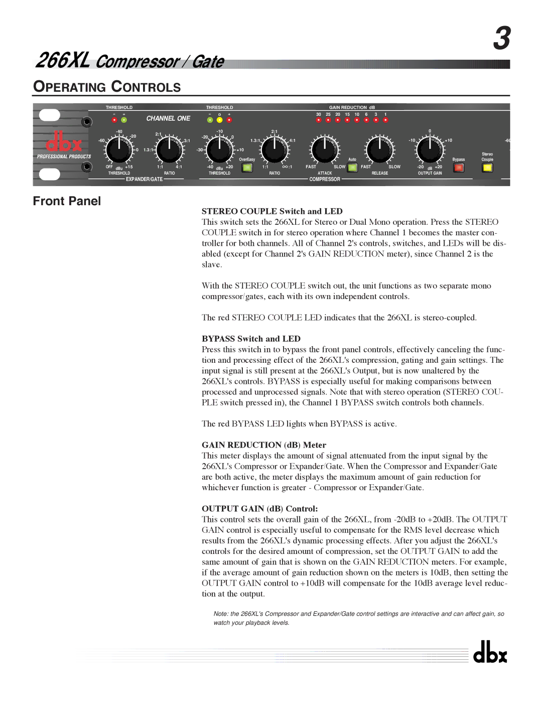 dbx Pro 266XL Operating Controls, Stereo Couple Switch and LED, Bypass Switch and LED, Gain Reduction dB Meter 