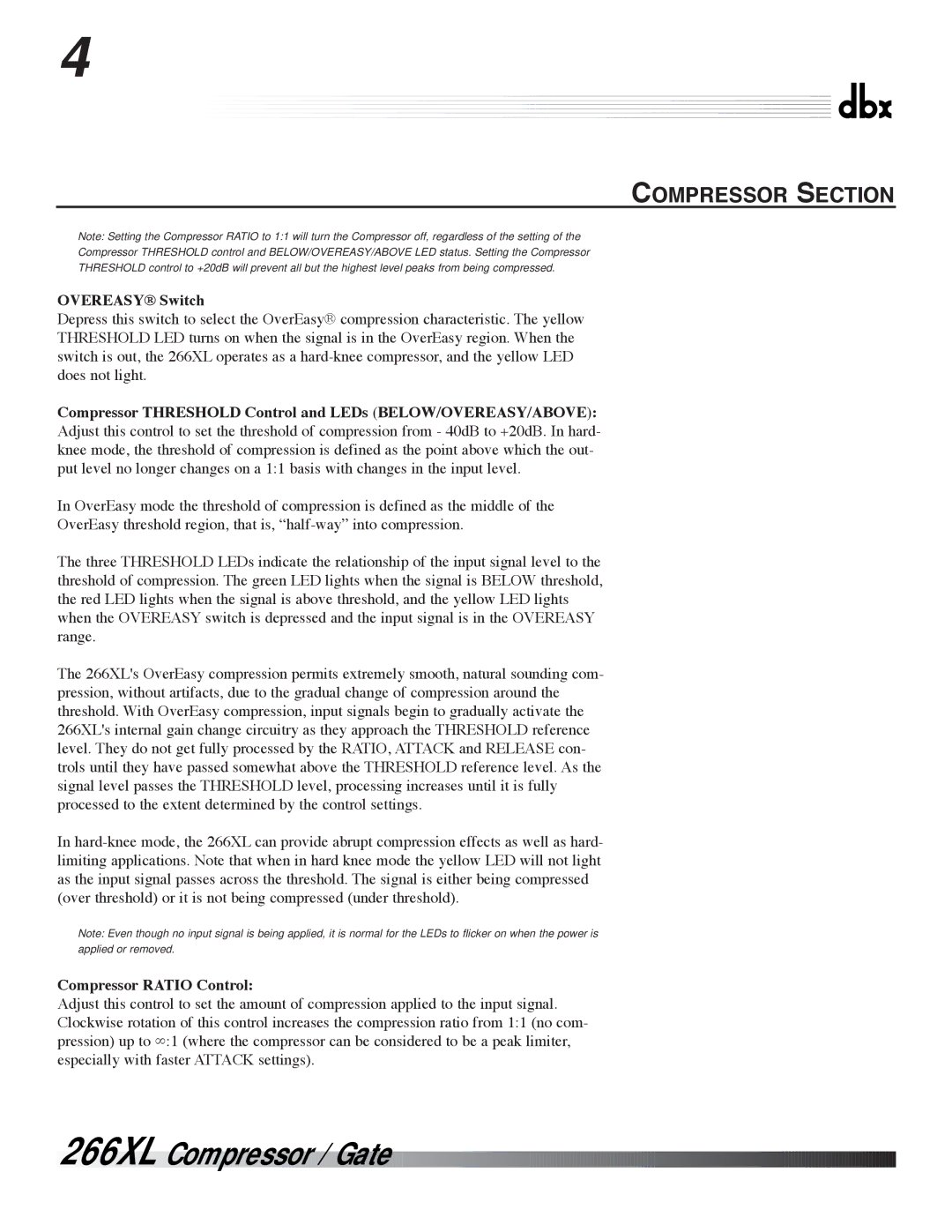 dbx Pro 266XL Compressor Section, OVEREASY¨ Switch, Compressor Threshold Control and LEDs BELOW/OVEREASY/ABOVE 