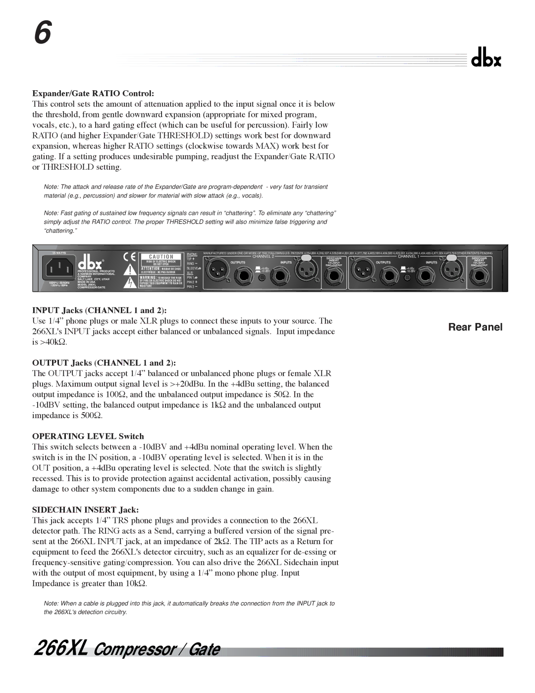 dbx Pro 266XL Expander/Gate Ratio Control, Input Jacks Channel 1, Output Jacks Channel 1, Operating Level Switch 