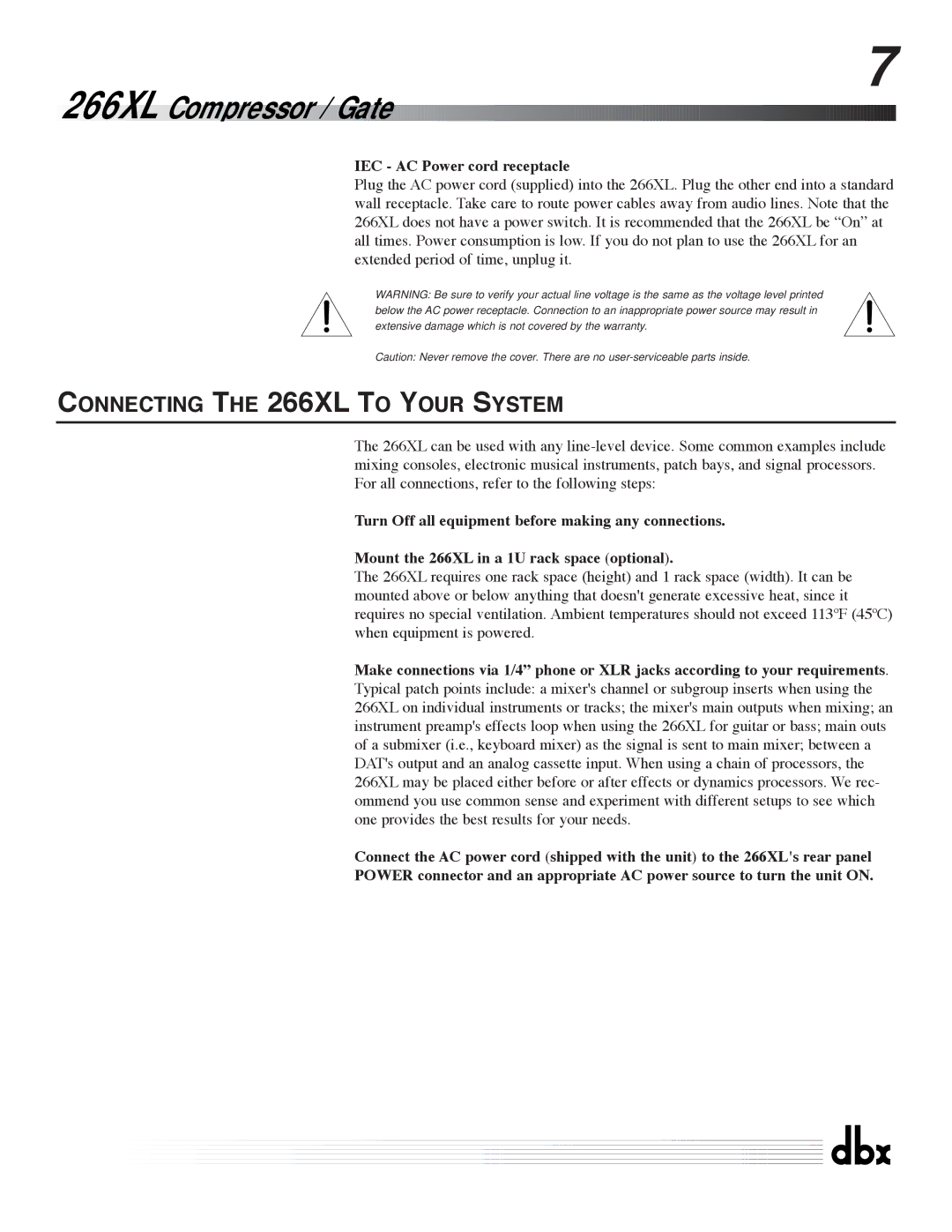 dbx Pro manuel dutilisation Connecting the 266XL to Your System, IEC AC Power cord receptacle 