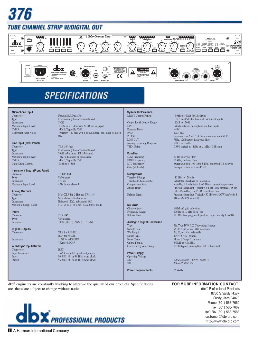 dbx Pro 376 Microphone Input, Line Input Rear Panel, Instrument Input Front Panel, Analog Outputs, Insert, Digital Outputs 