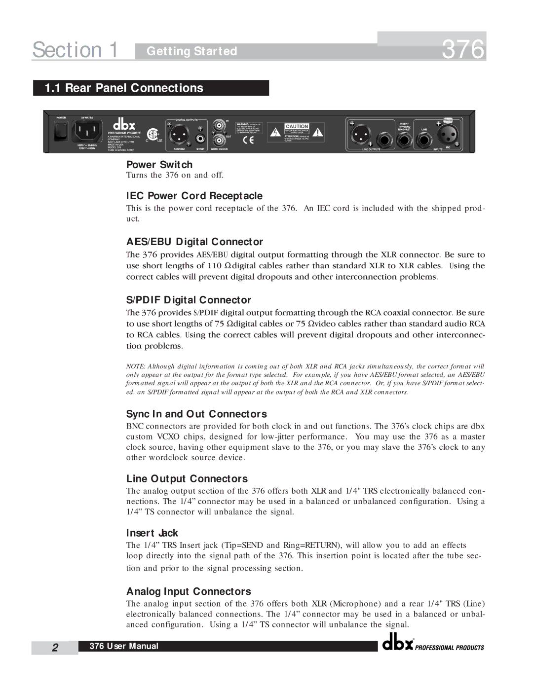 dbx Pro 376 user manual Getting Started Rear Panel Connections, IEC Power Cord Receptacle 