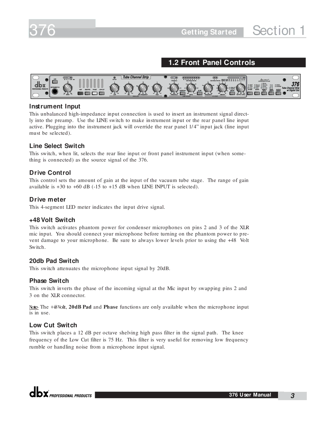 dbx Pro 376 user manual Getting Started, Front Panel Controls 