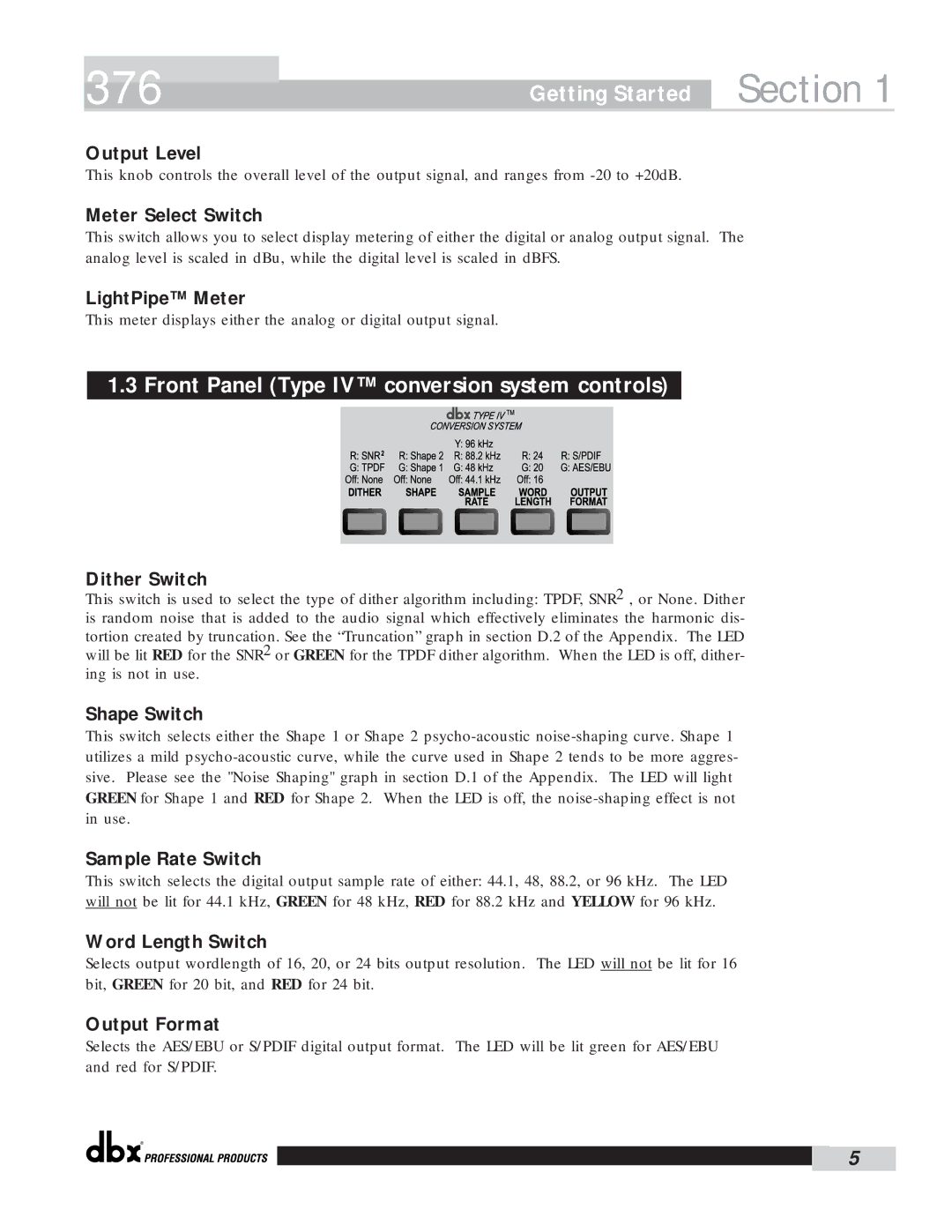 dbx Pro 376 user manual Front Panel Type IV conversion system controls, Meter Select Switch 