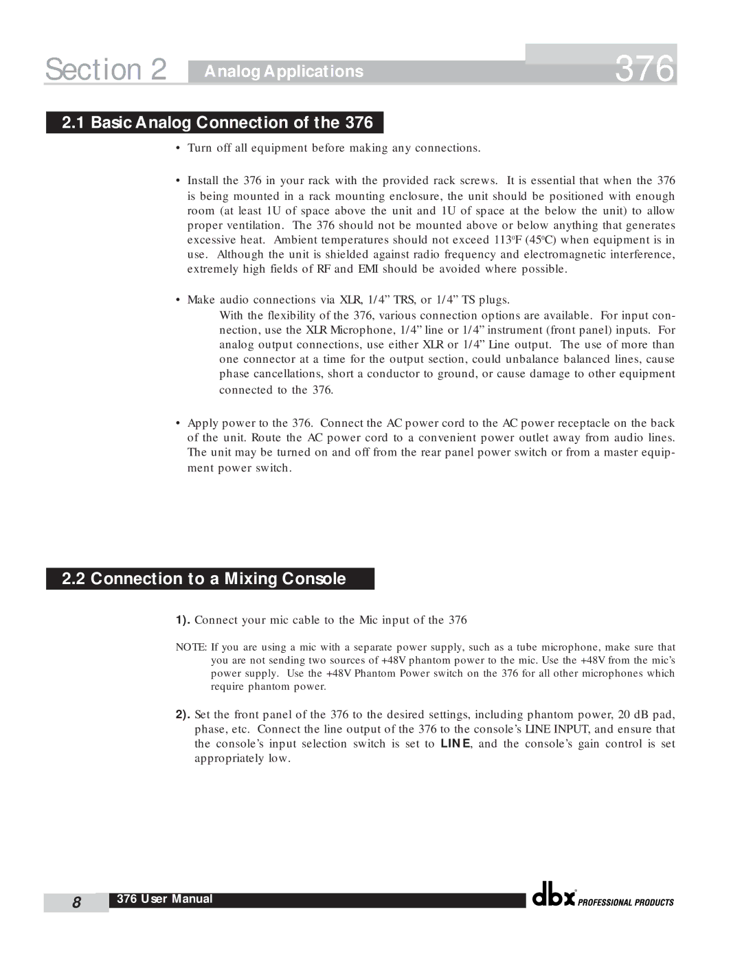 dbx Pro 376 user manual Analog Applications, Basic Analog Connection, Connection to a Mixing Console 