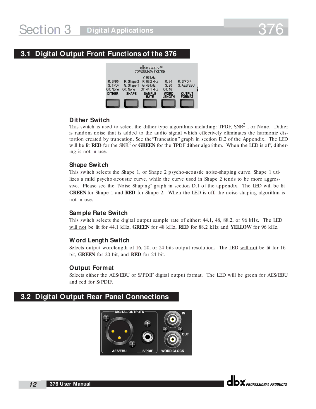 dbx Pro 376 user manual Digital Applications Digital Output Front Functions, Digital Output Rear Panel Connections 