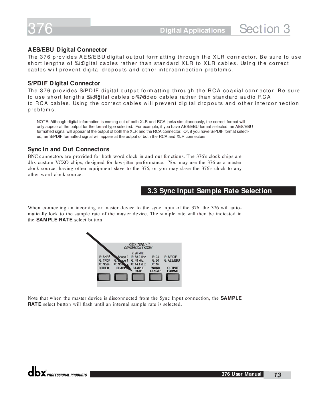 dbx Pro 376 user manual Section, Sync Input Sample Rate Selection 