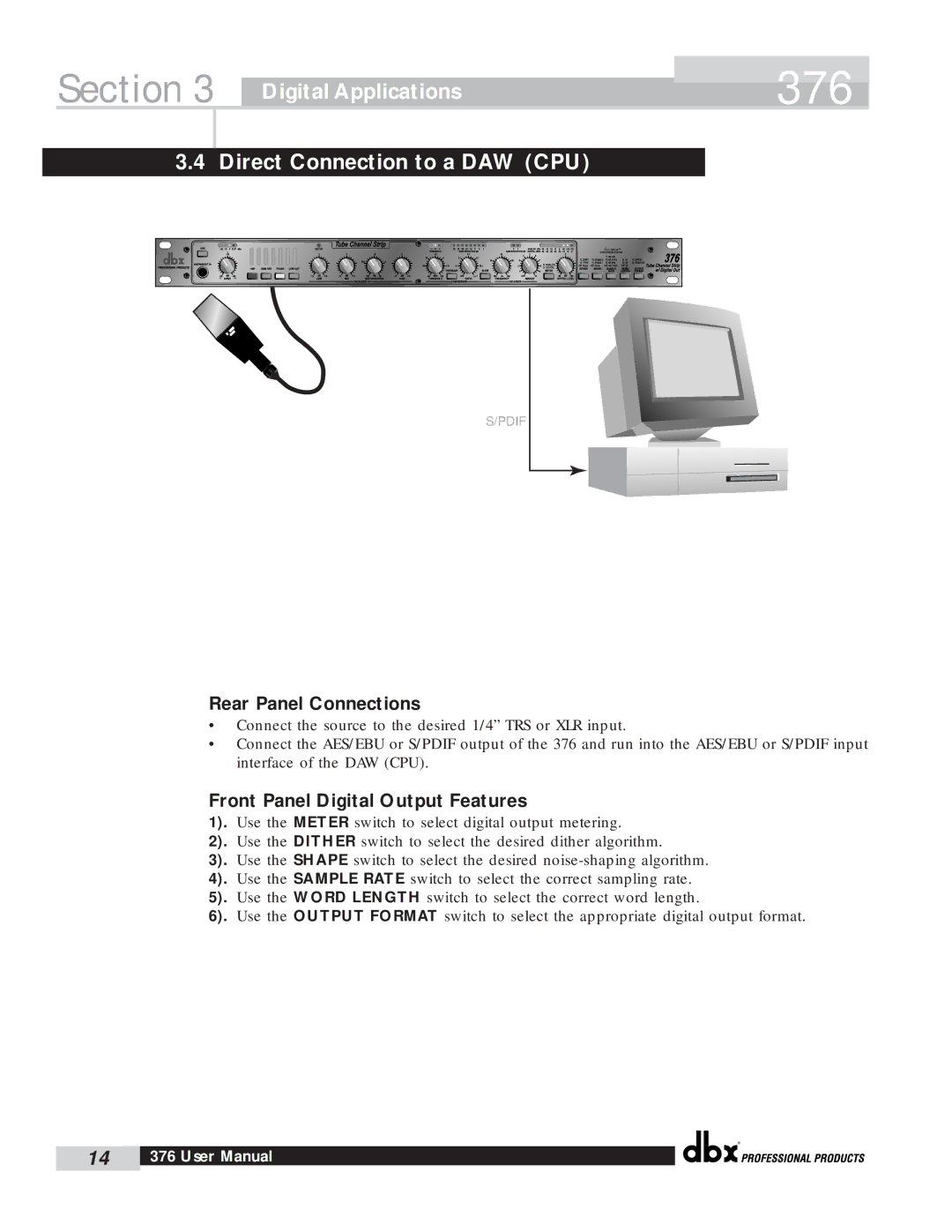 dbx Pro 376 user manual Digital Applications, Direct Connection to a DAW CPU 