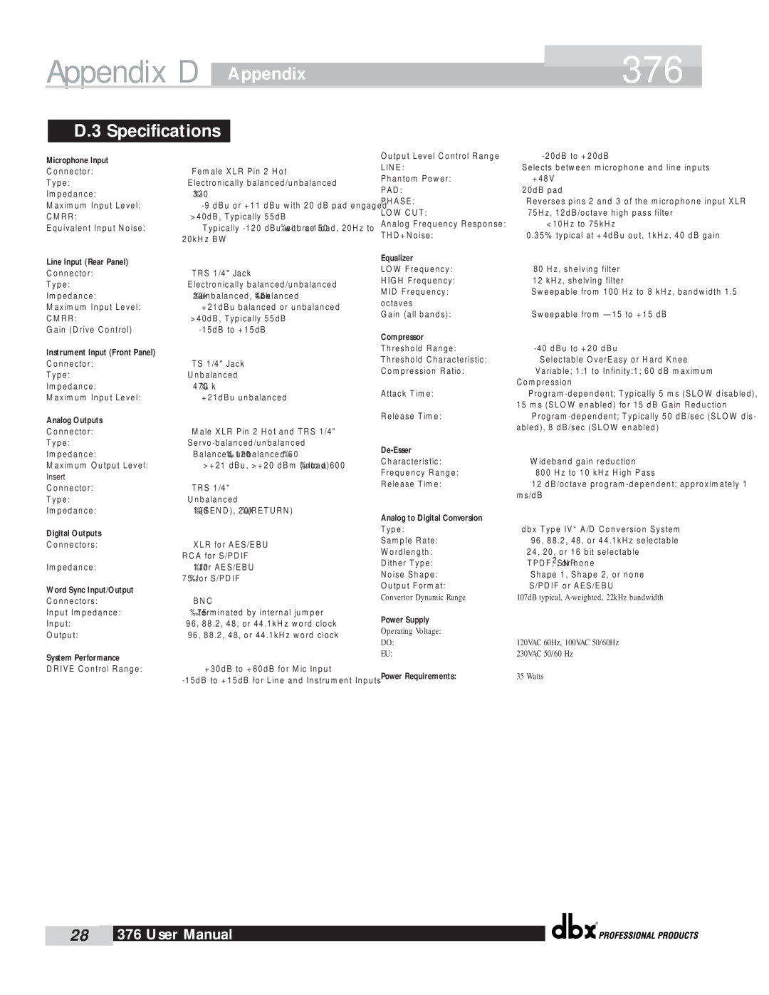 dbx Pro 376 user manual Specifications, Microphone Input 