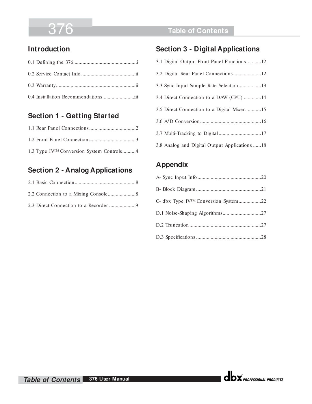 dbx Pro 376 user manual Table of Contents 