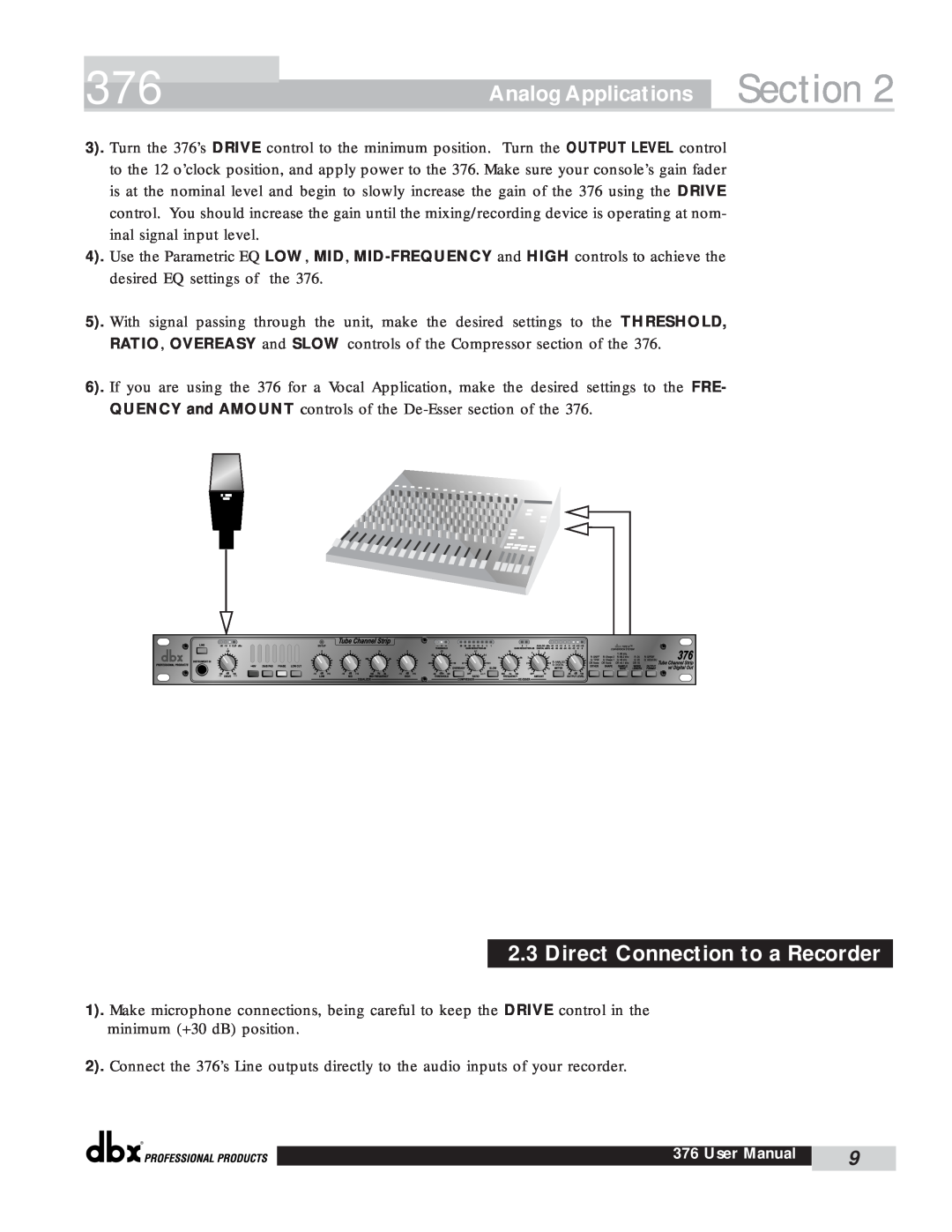 dbx Pro 376 user manual Direct Connection to a Recorder, Section, Analog Applications 