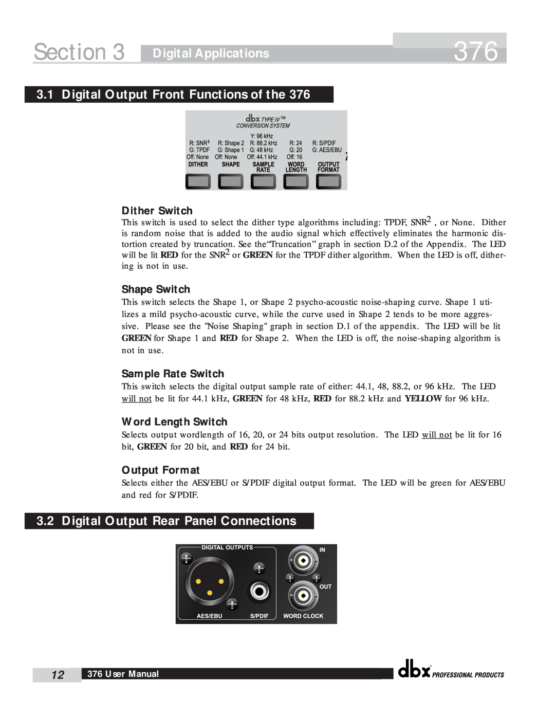 dbx Pro 376 Digital Applications, Digital Output Front Functions of the, Digital Output Rear Panel Connections, Section 
