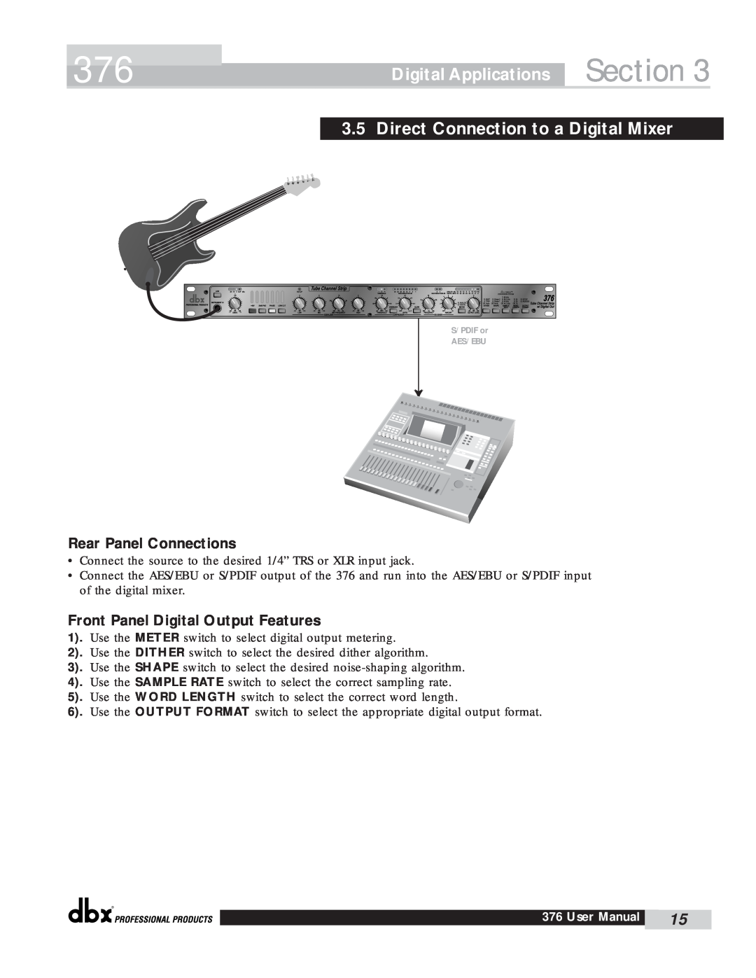 dbx Pro 376 user manual Section, Direct Connection to a Digital Mixer, Digital Applications, Rear Panel Connections 