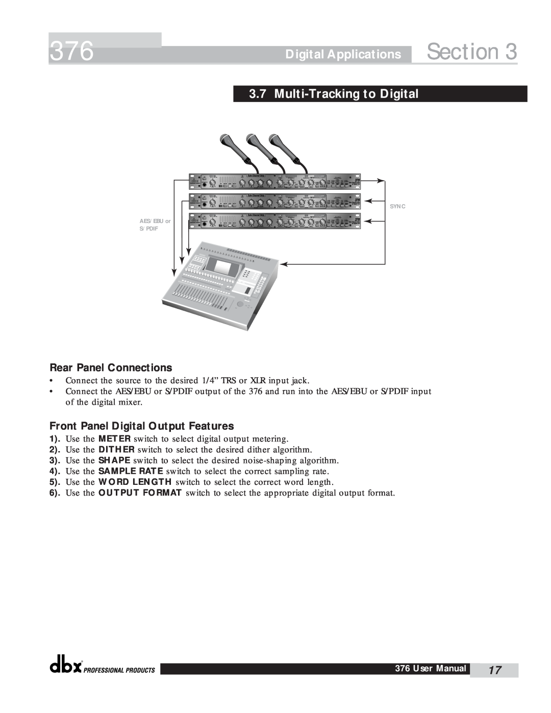 dbx Pro 376 user manual Multi-Trackingto Digital, Section, Digital Applications, Rear Panel Connections 