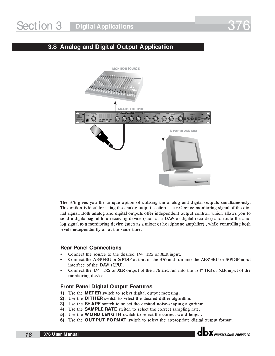 dbx Pro 376 user manual Analog and Digital Output Application, Section, Digital Applications, Rear Panel Connections 
