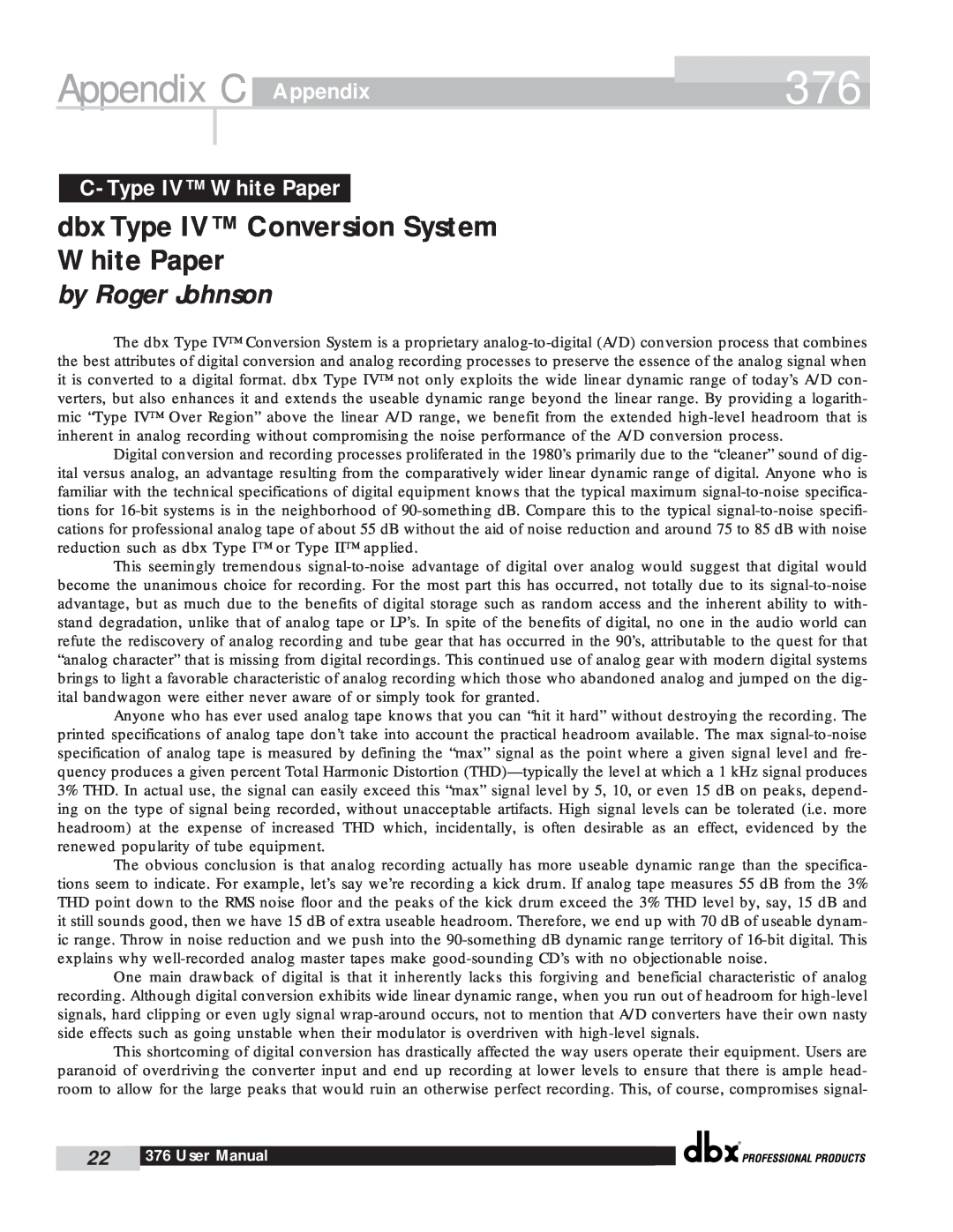 dbx Pro 376 user manual Appendix C, dbx Type IV Conversion System White Paper, C- Type IV White Paper, by Roger Johnson 