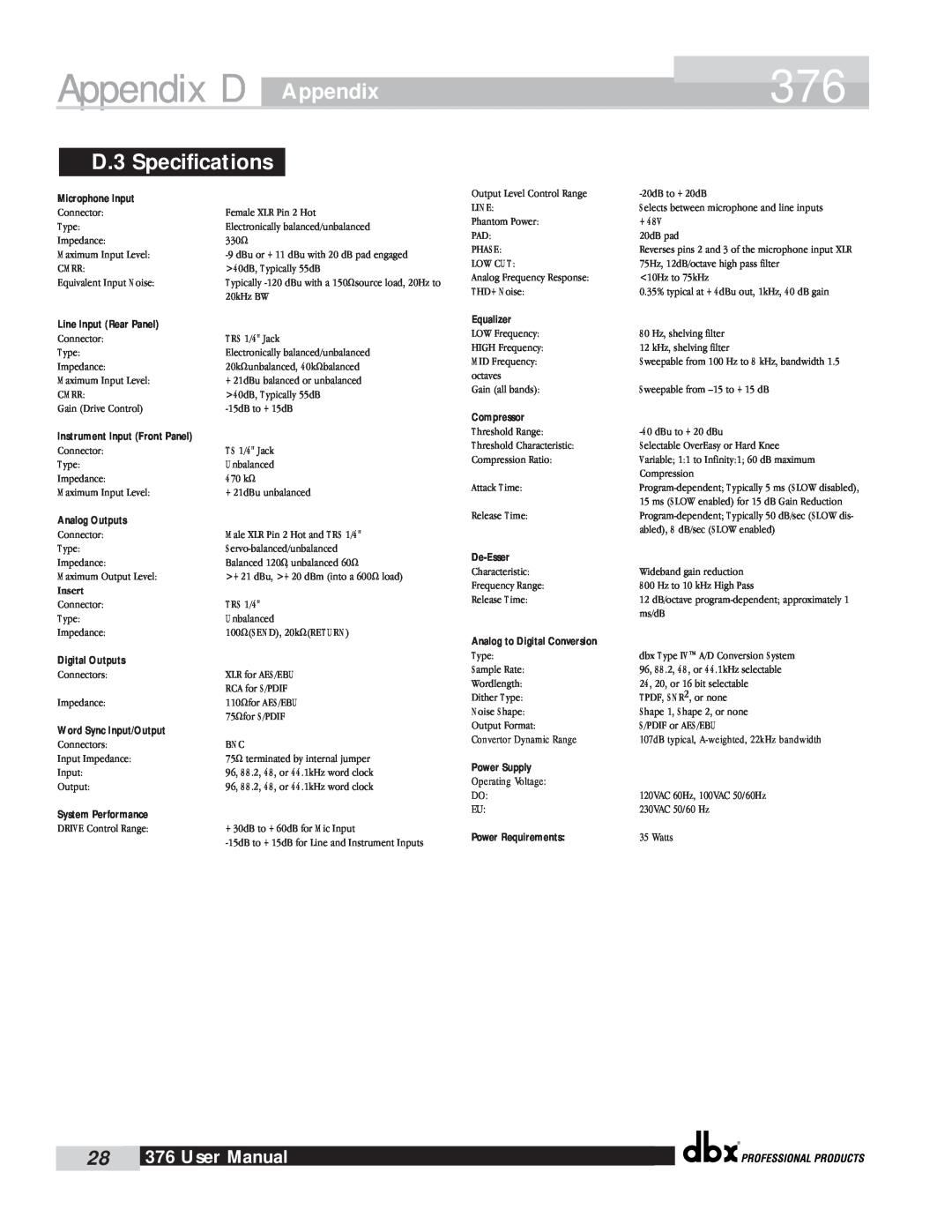 dbx Pro 376 user manual D.3 Specifications, Appendix D, Insert 
