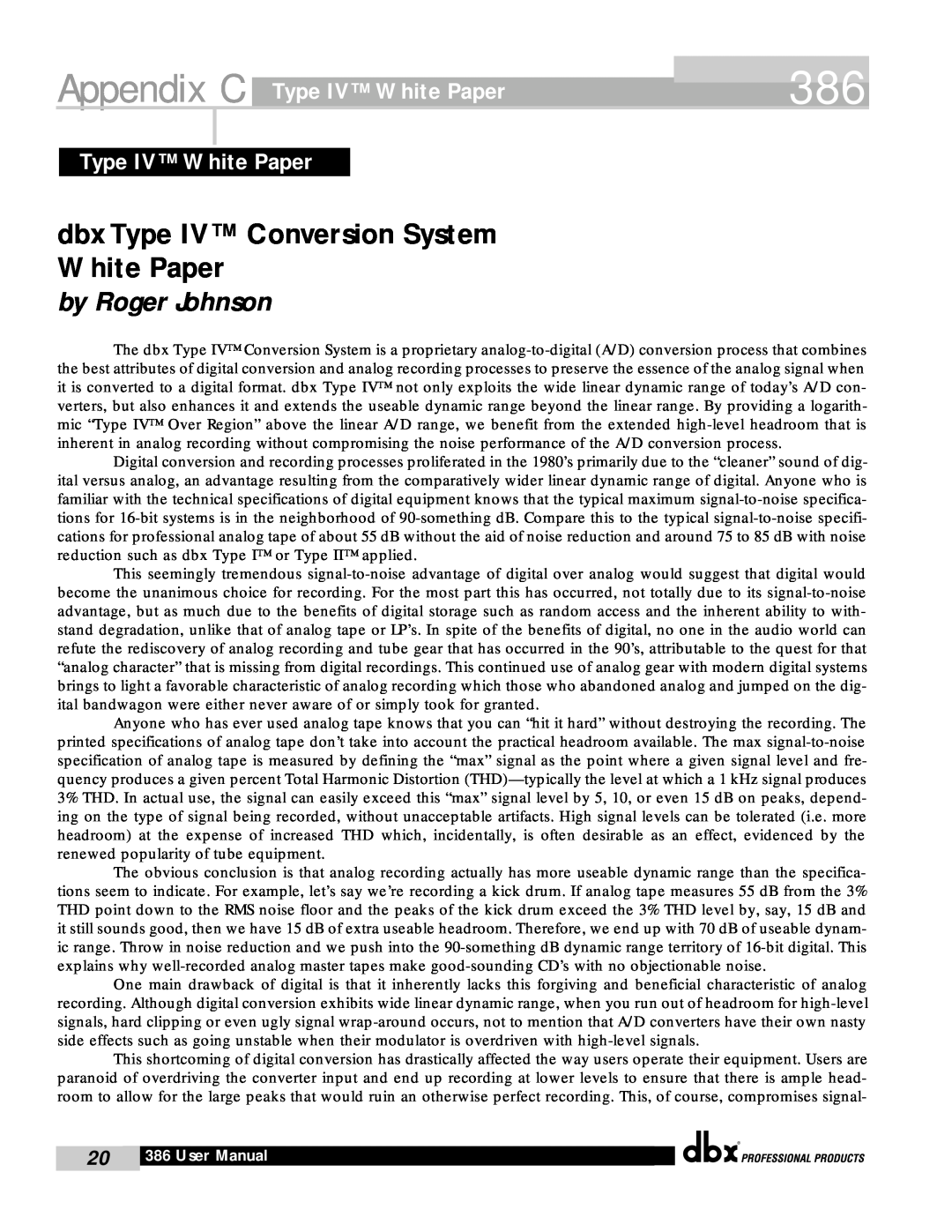 dbx Pro 386 Appendix C, dbx Type IV Conversion System White Paper, Type IV White Paper, by Roger Johnson, User Manual 