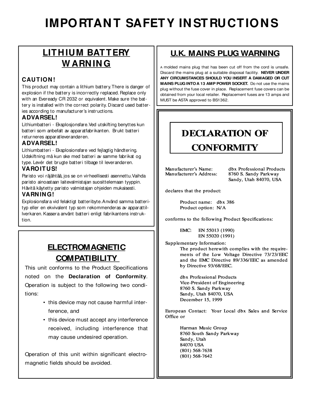 dbx Pro 386 Lithium Battery, Electromagnetic Compatibility, U.K. Mains Plug Warning, Advarsel, Varoitus, Varning 