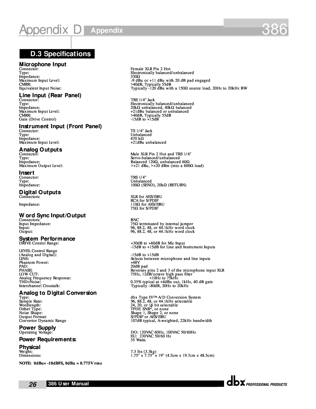 dbx Pro 386 user manual Appendix D, D.3 Specifications 