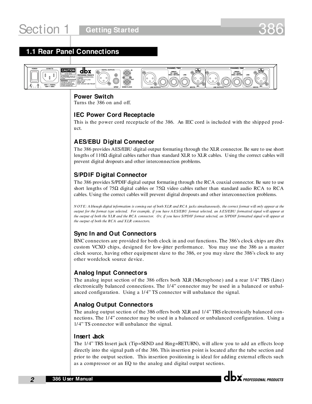 dbx Pro 386 user manual Getting Started Rear Panel Connections, IEC Power Cord Receptacle 