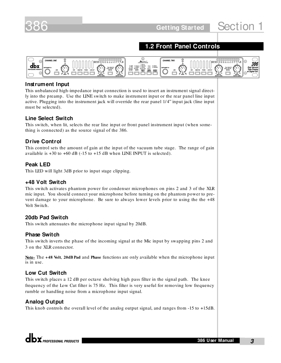 dbx Pro 386 user manual Getting Started, Front Panel Controls 