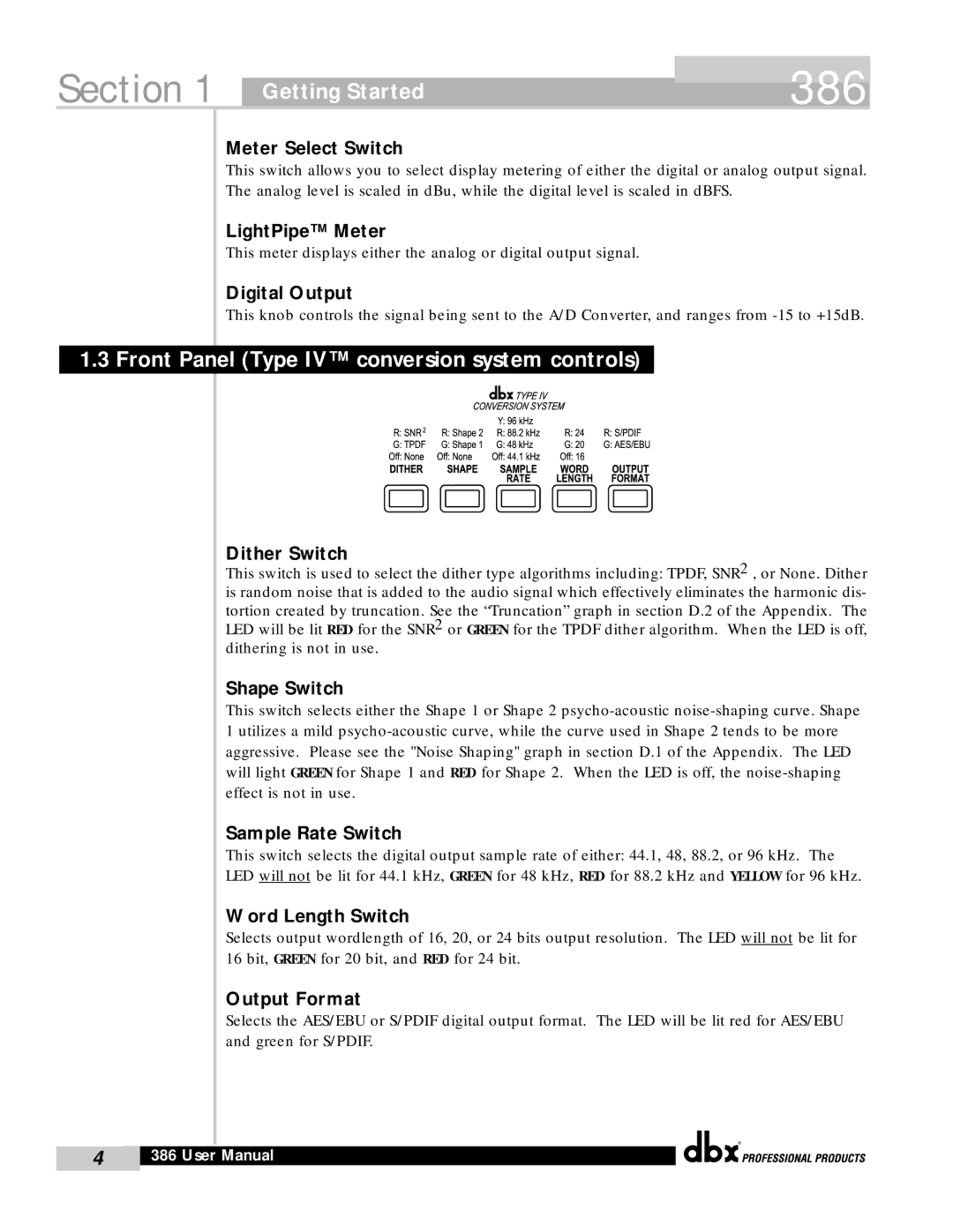 dbx Pro 386 user manual Front Panel Type IV conversion system controls, Meter Select Switch 