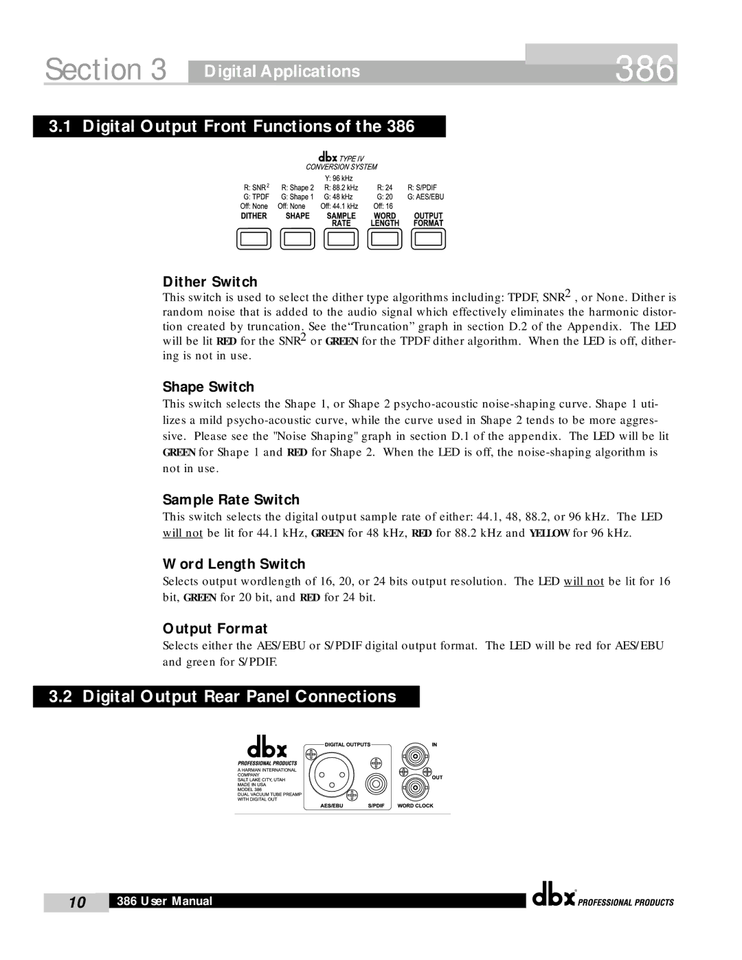 dbx Pro 386 user manual Digital Applications Digital Output Front Functions, Digital Output Rear Panel Connections 