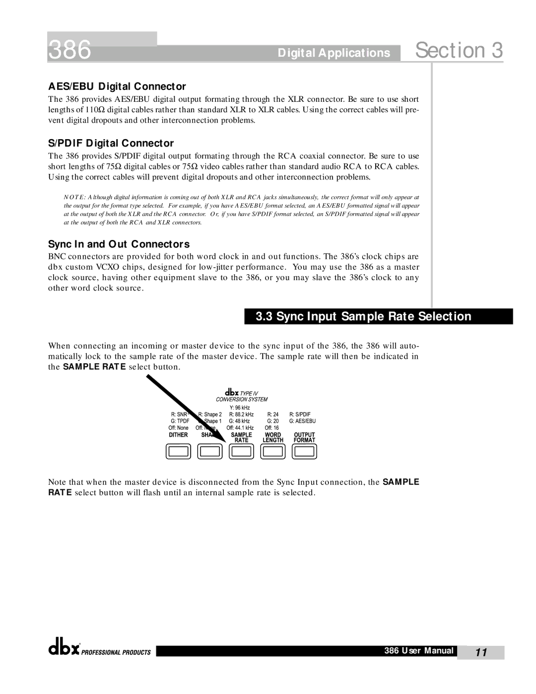 dbx Pro 386 user manual Digital Applications, Sync Input Sample Rate Selection 