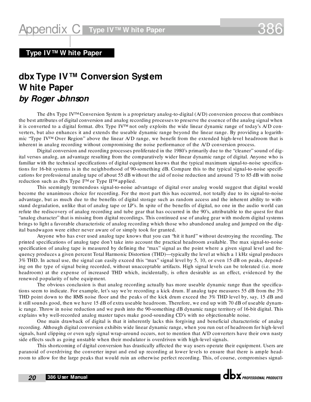 dbx Pro 386 user manual By Roger Johnson, Type IV White Paper 