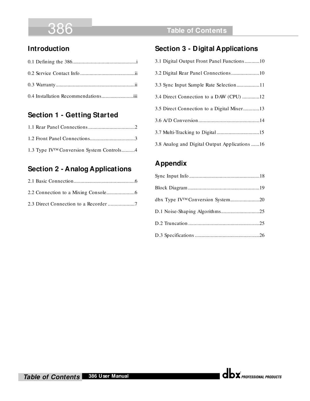 dbx Pro 386 user manual Table of Contents 