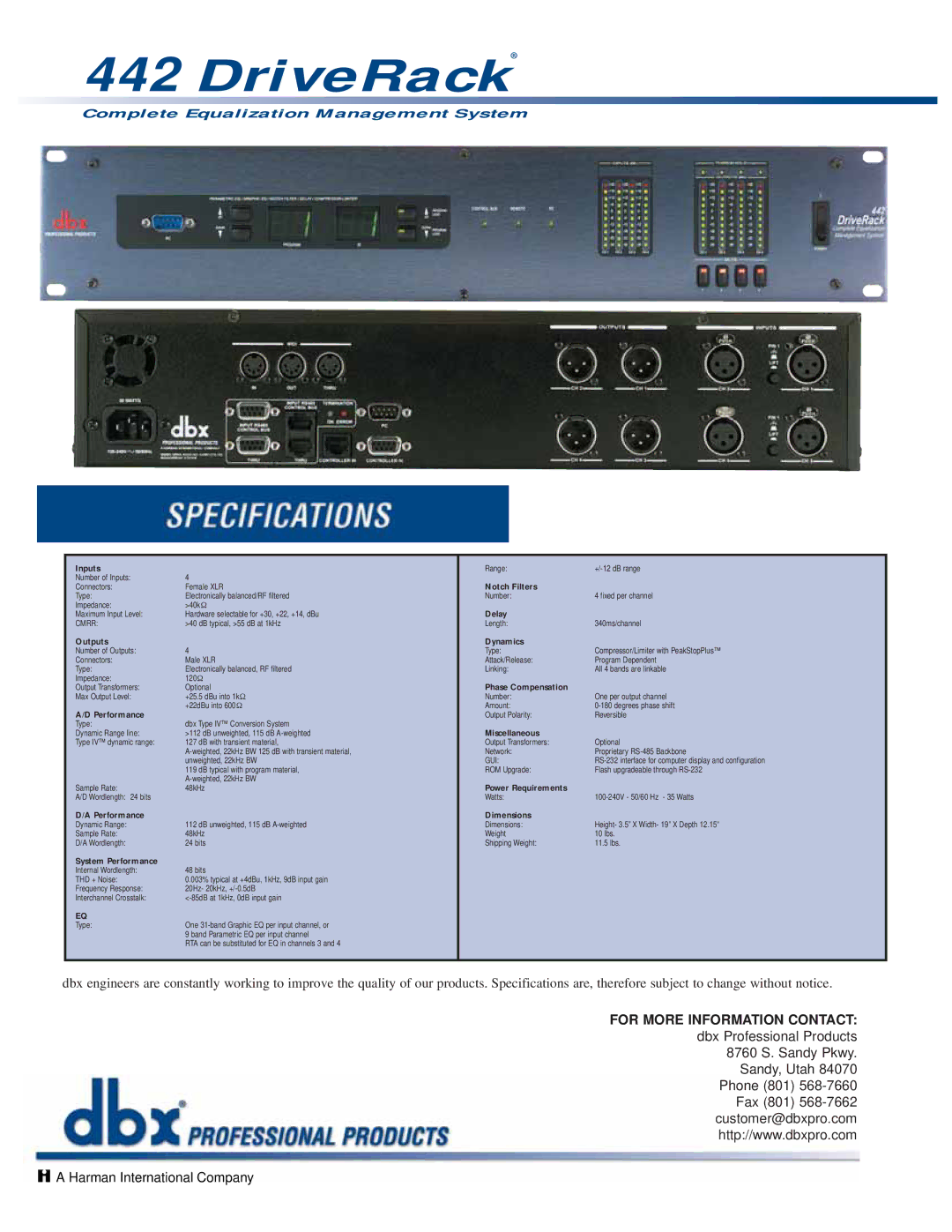 dbx Pro 442 manual Inputs, Notch Filters, Delay, Outputs Dynamics, Phase Compensation, Performance, Miscellaneous 