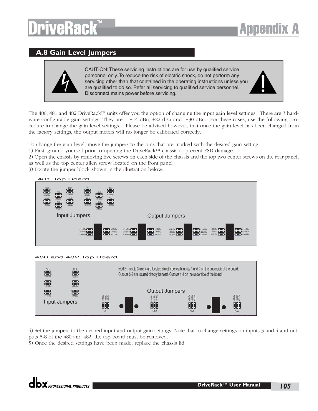 dbx Pro 480 user manual Gain Level Jumpers 