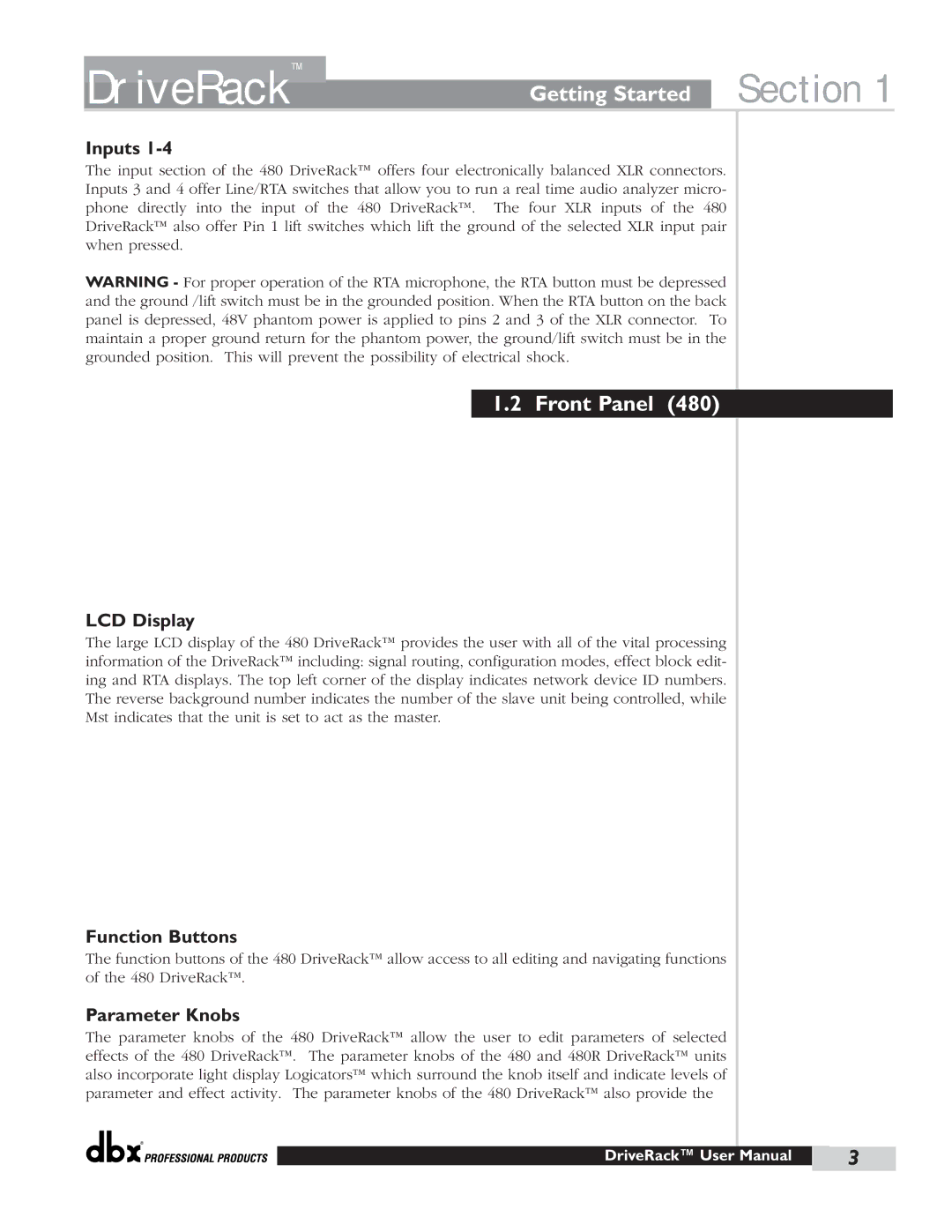 dbx Pro 480 user manual Front Panel, Inputs, LCD Display, Function Buttons, Parameter Knobs 
