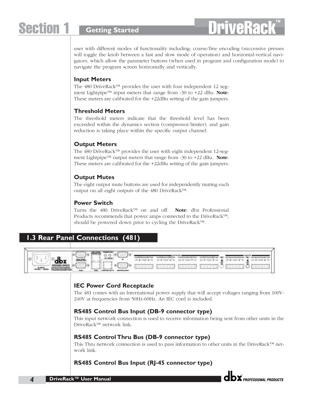 dbx Pro 480 user manual Input Meters, Threshold Meters, Output Meters, Output Mutes, Power Switch 