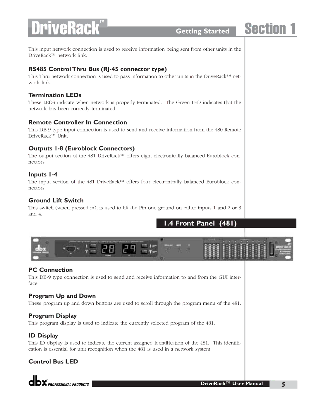 dbx Pro 480 Outputs 1-8 Euroblock Connectors, Ground Lift Switch, Program Up and Down, Program Display, ID Display 