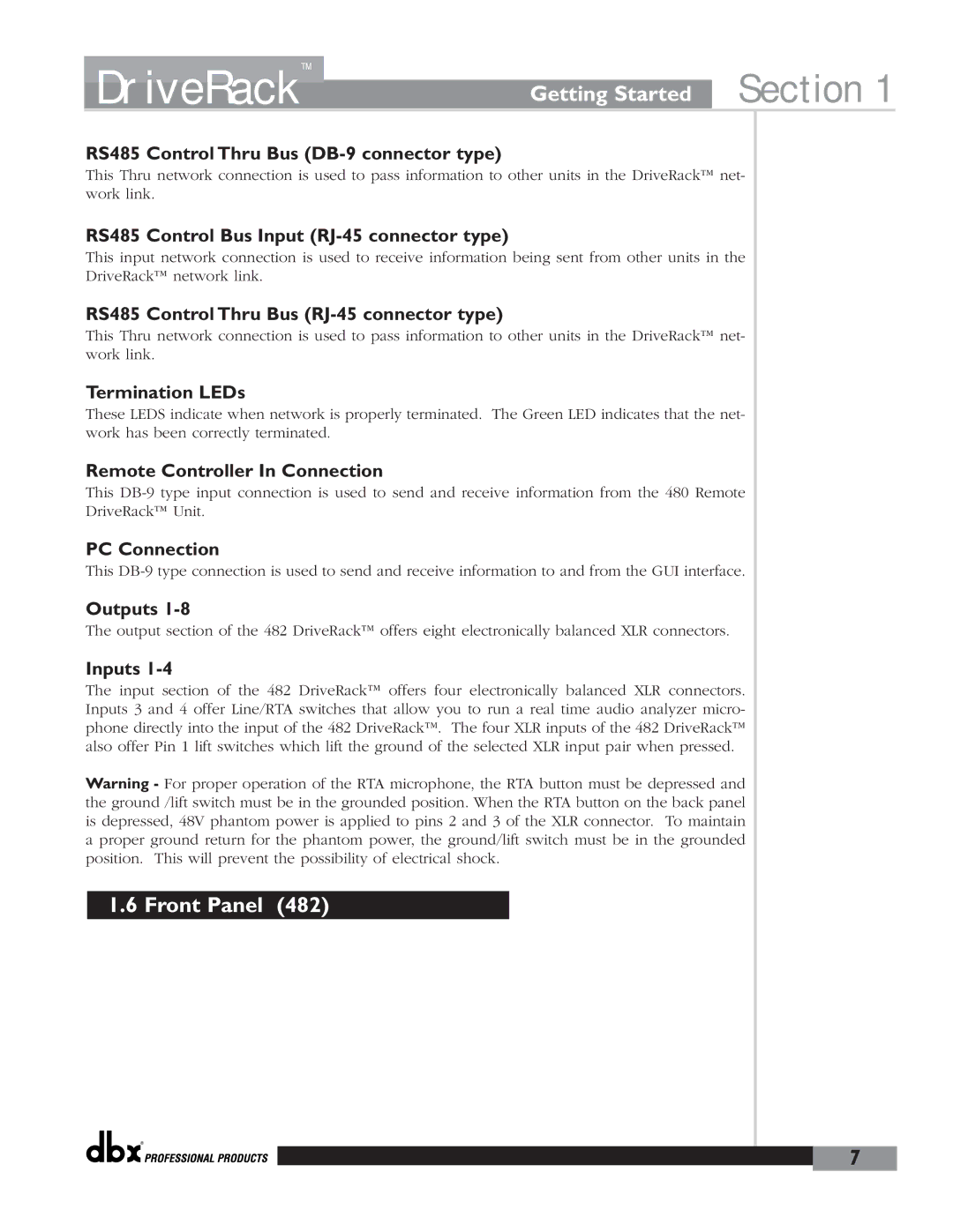 dbx Pro 480 user manual RS485 Control Thru Bus DB-9 connector type 