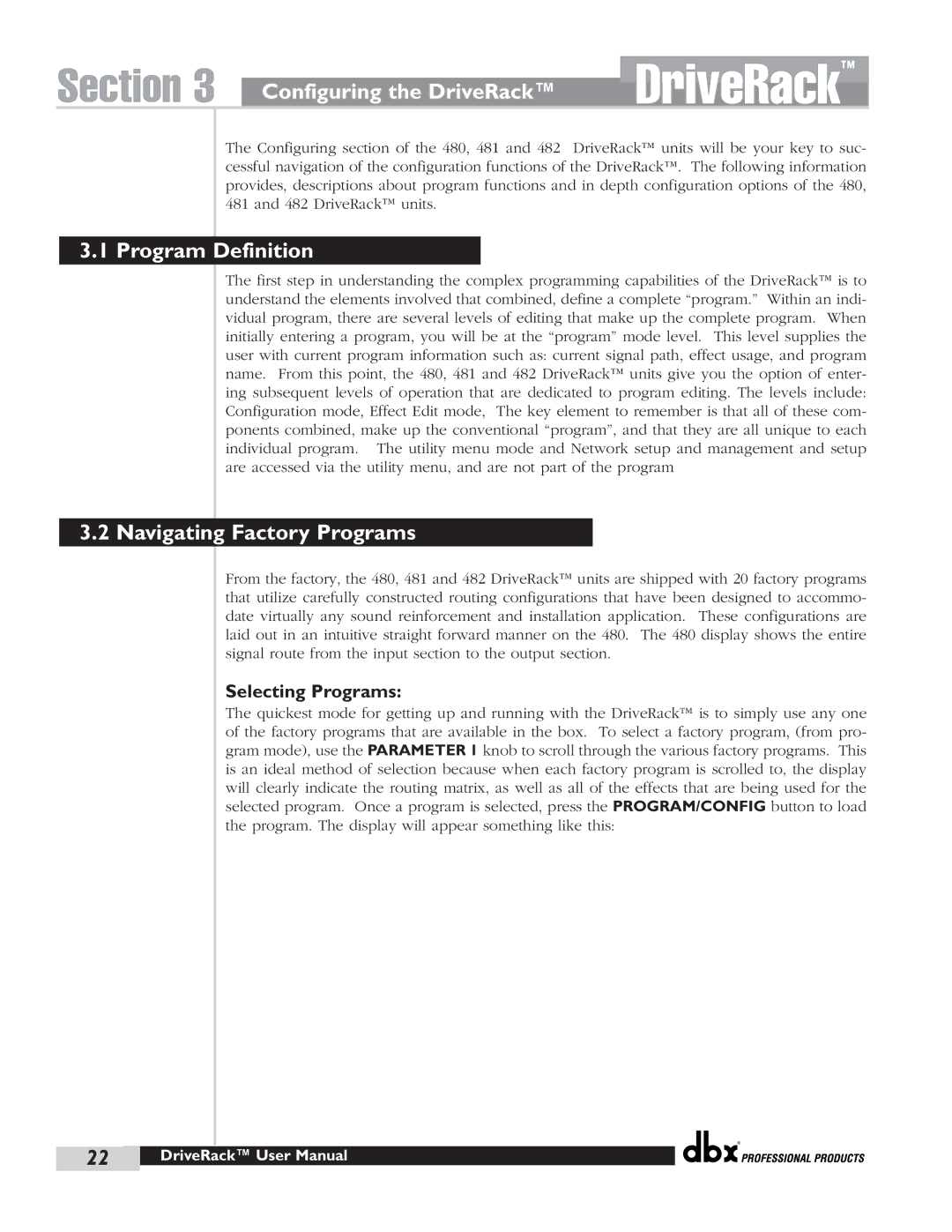 dbx Pro 480 user manual Configuring the DriveRack, Program Definition, Navigating Factory Programs, Selecting Programs 