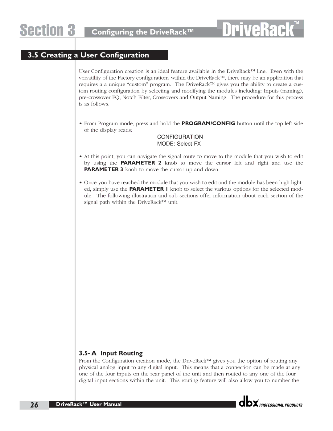 dbx Pro 480 user manual Creating a User Configuration, Input Routing 