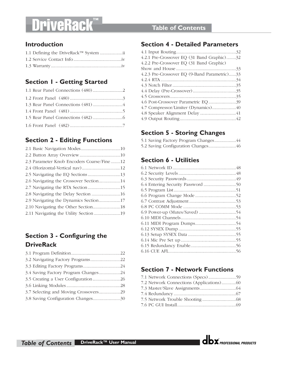 dbx Pro 480 user manual DriveRack, Table of Contents 