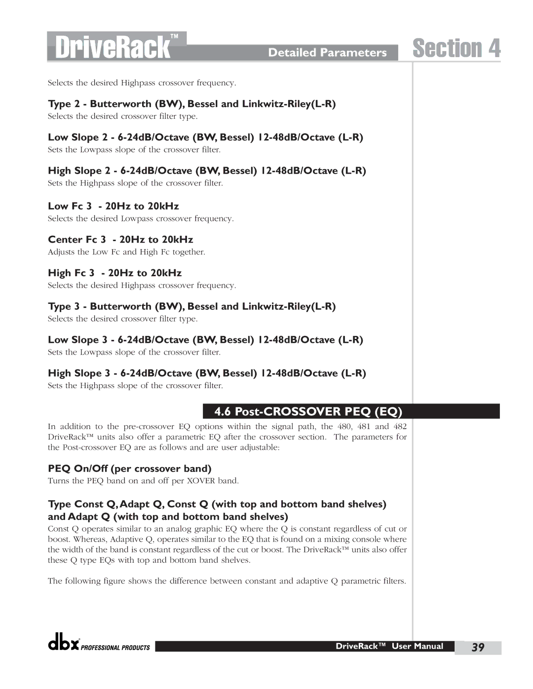 dbx Pro 480 user manual Post-CROSSOVER PEQ EQ 