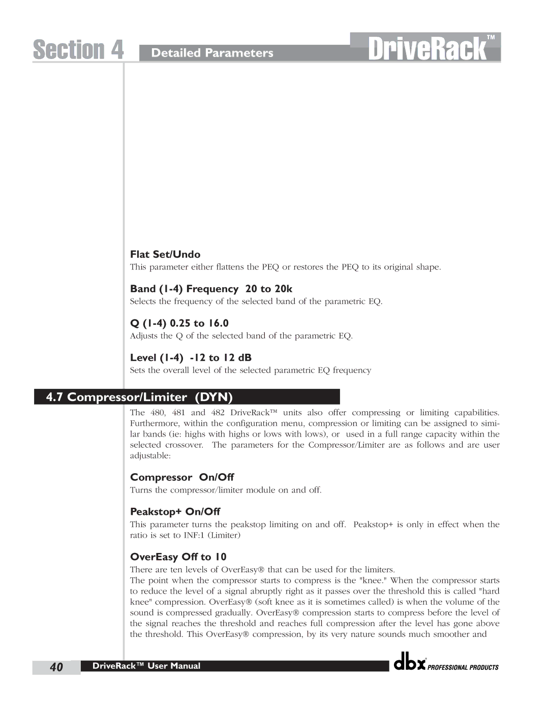 dbx Pro 480 user manual Compressor/Limiter DYN 