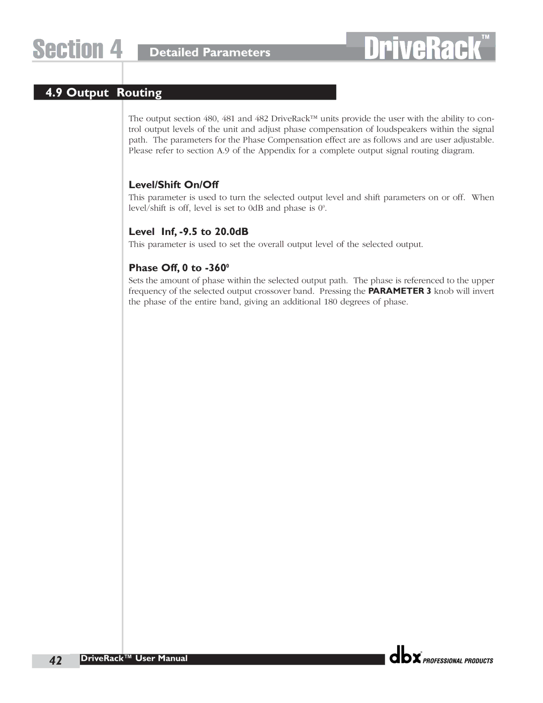 dbx Pro 480 user manual Output Routing, Level/Shift On/Off, Level Inf, -9.5 to 20.0dB, Phase Off, 0 to 