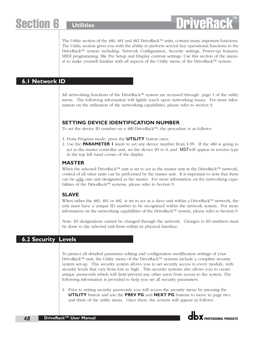 dbx Pro 480 user manual Utilities, Network ID, Security Levels 