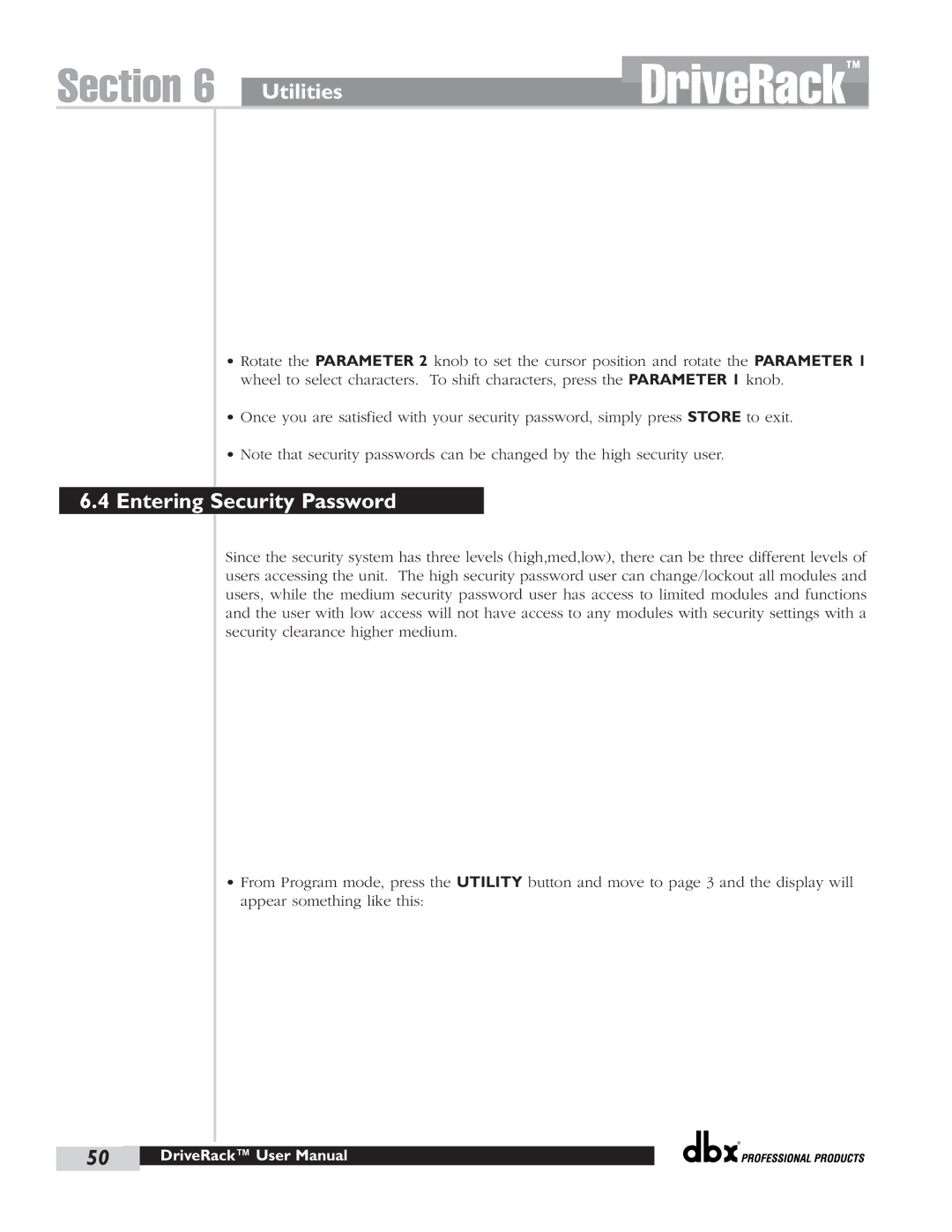 dbx Pro 480 user manual Entering Security Password 