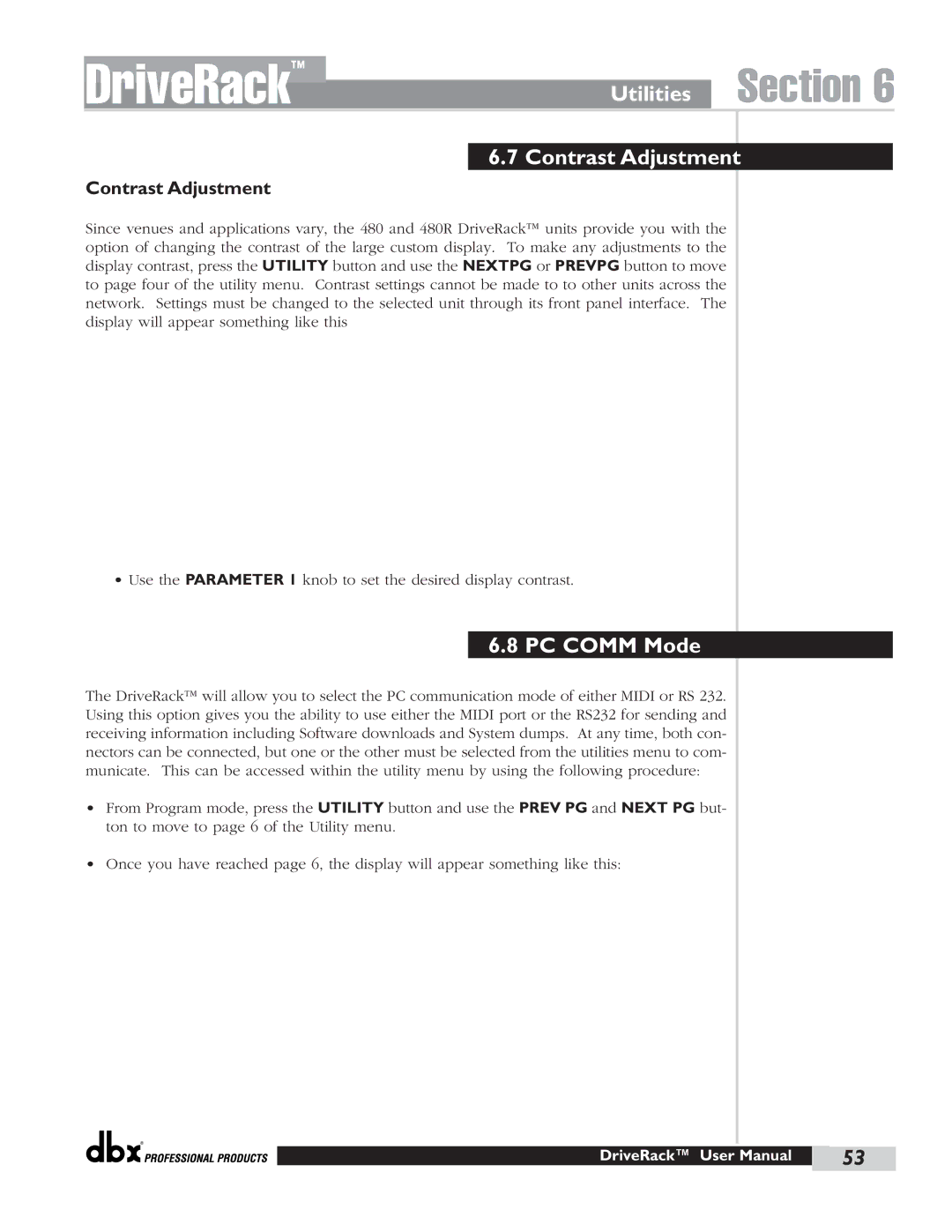 dbx Pro 480 user manual Contrast Adjustment, PC Comm Mode 