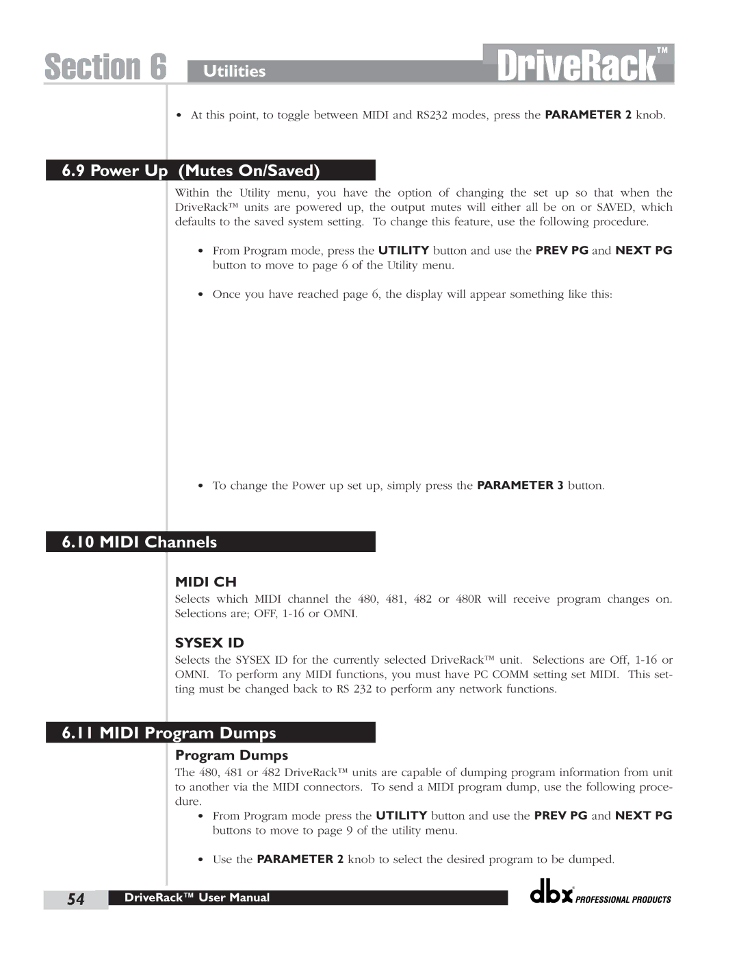 dbx Pro 480 user manual Power Up Mutes On/Saved, Midi Channels, Midi Program Dumps 