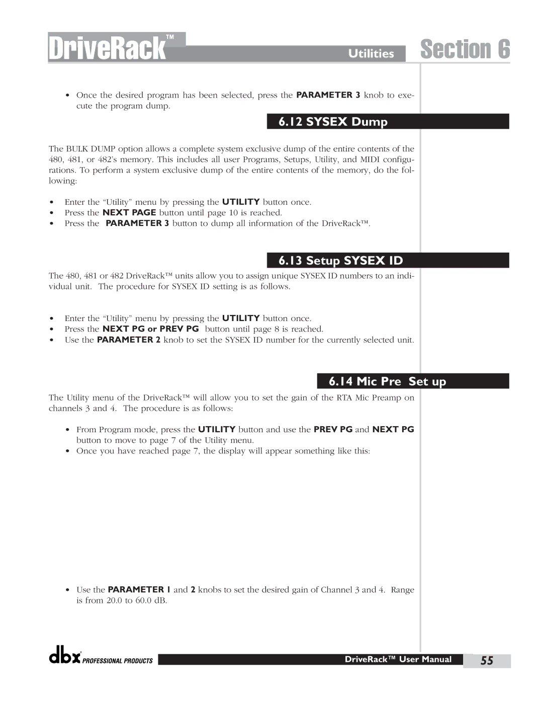 dbx Pro 480 user manual Sysex Dump, Setup Sysex ID, Mic Pre Set up 