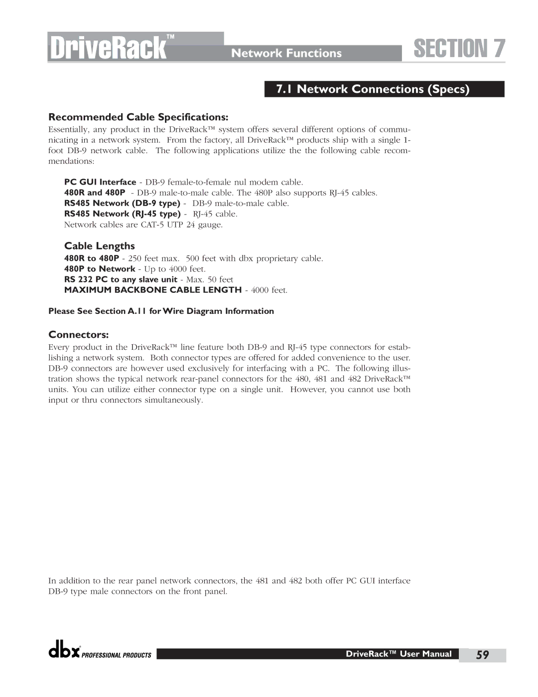 dbx Pro 480 user manual Network Connections Specs, Recommended Cable Specifications, Cable Lengths, Connectors 